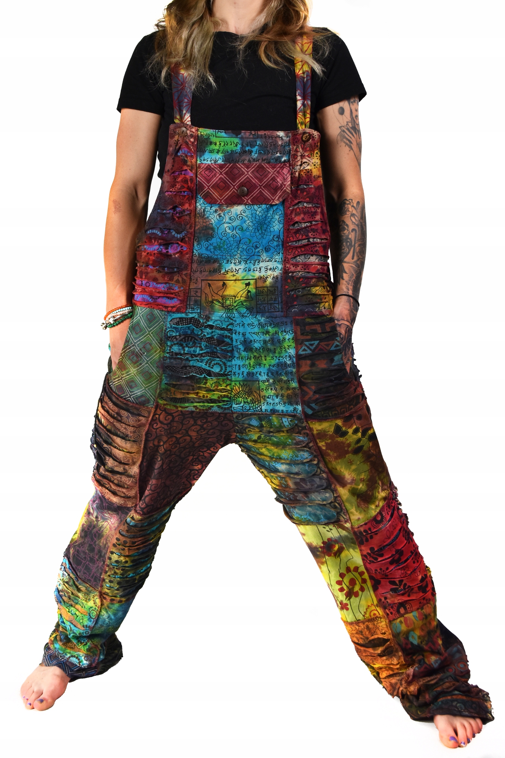 Kalhoty zahradnické barevné Nepal patchwork Umělecké ručně Zdobené