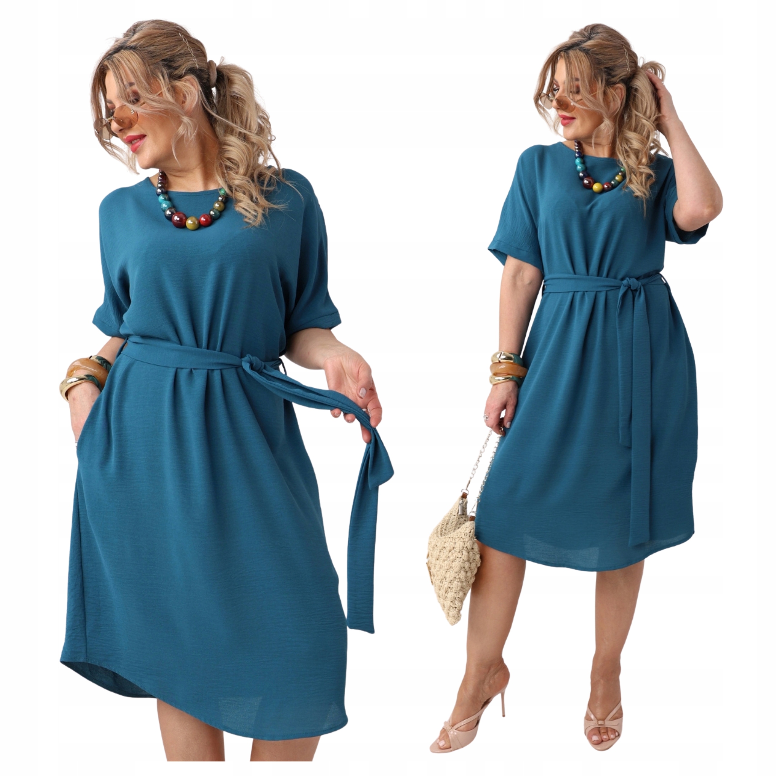 Luźna Sukienka Z Wiązaniem Duże Rozmiary Polski Producent Z Guzikami Z Tyłu