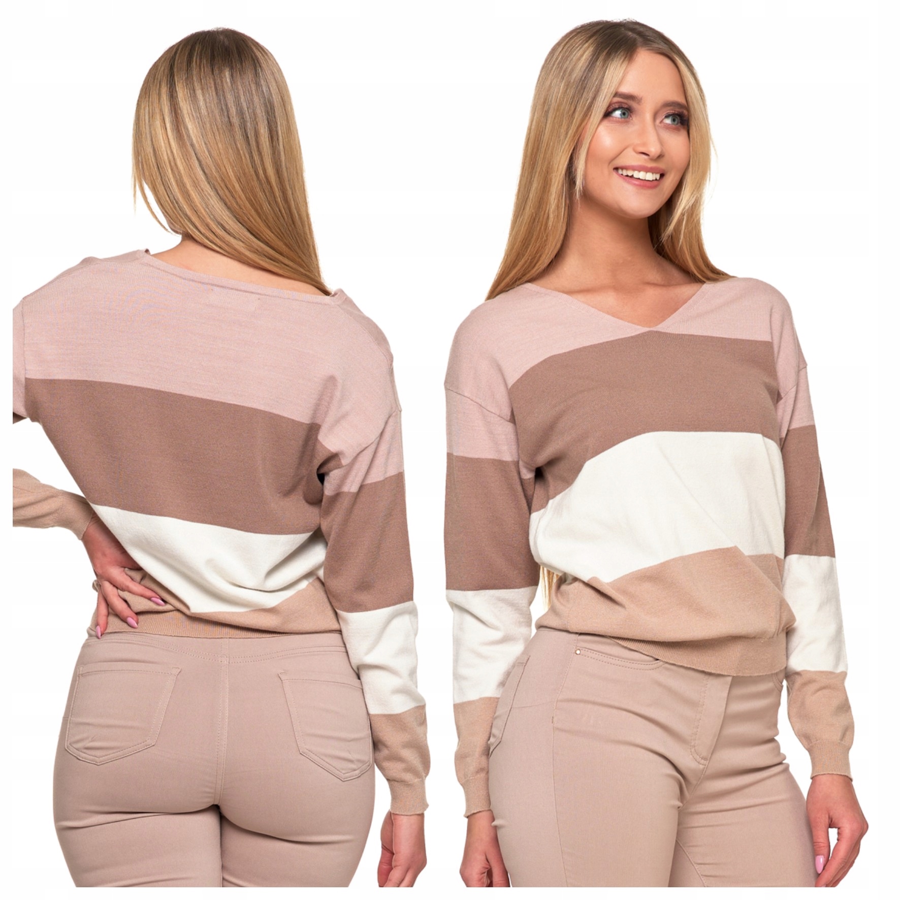 SWETEREK DAMSKI LUŹNY DŁUGI RĘKAW SWETER CIENKI WISKOZA MORAJ PASKI R.XL