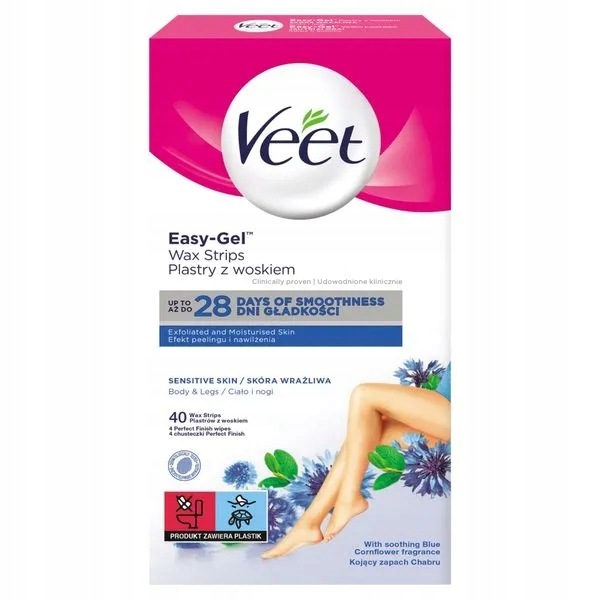 Veet Easy-Gel, náplasti s voskem pro depilaci těla, citlivá pokožka, olej