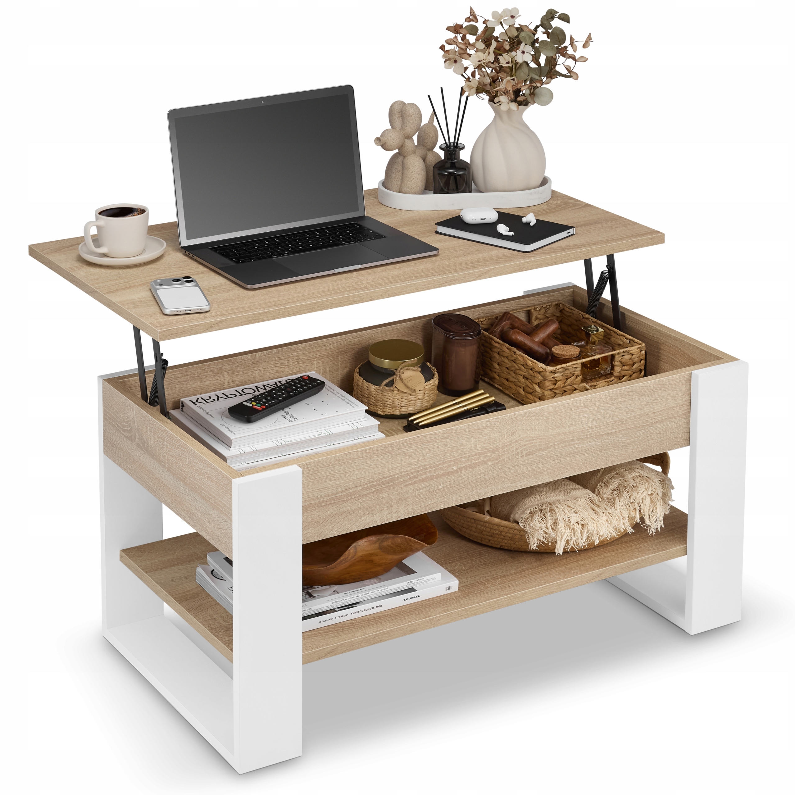 Stolik Kawowy Rozkładany 92 cm Loft Dąb Sonoma Biały z Podnoszonym Blatem