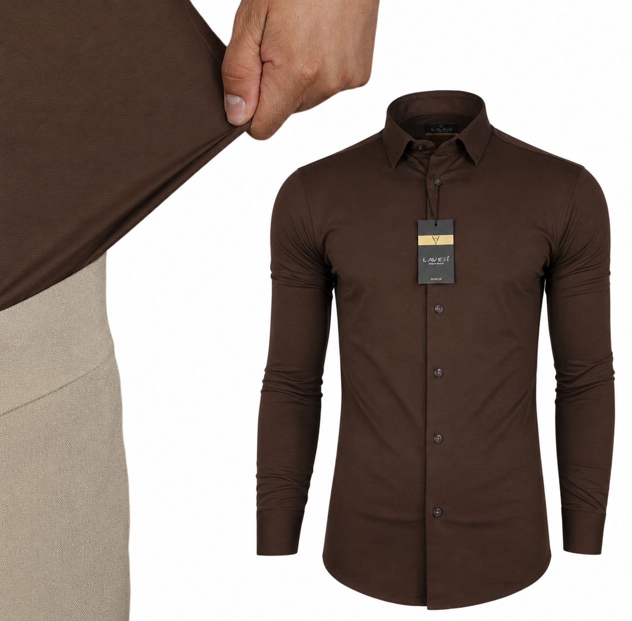 Pánská pletená košile Lavier – elastická Slim Fit, hnědá, vel.
