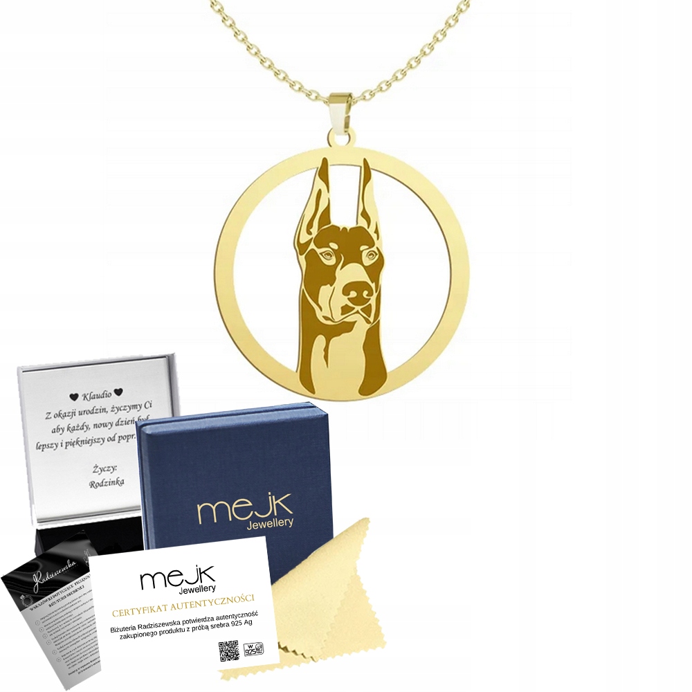 Náhrdelník Zlatý dobrman 925 Řetízek Žena Gravírování Dedikace Bonus