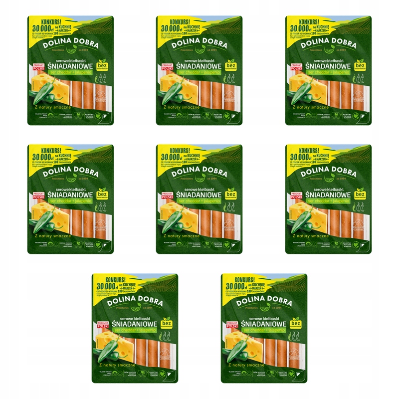 Sýrové klobásy na snídani, sýr cheddar jalapenio 200 g, Dolina Dobrá X8