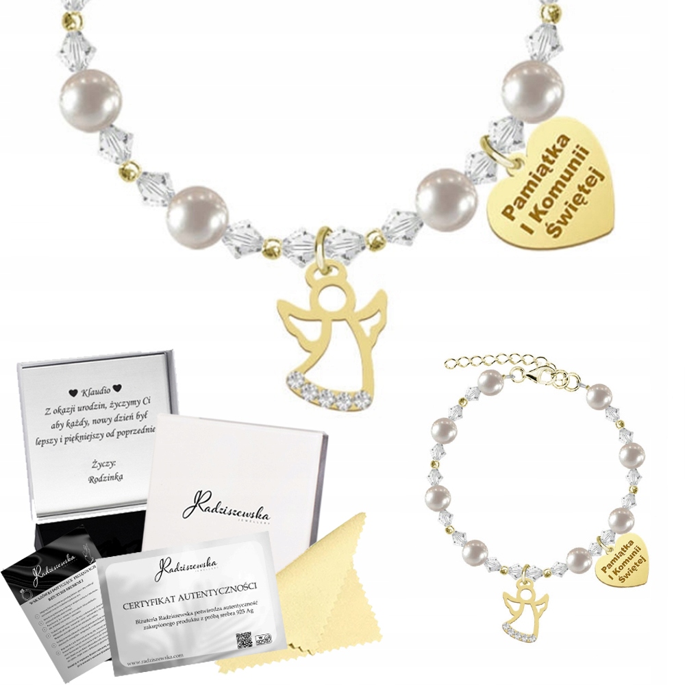 Zlatý Náramek Se Srdcem Andílek Perly Gravírování Křest Dárek Přání