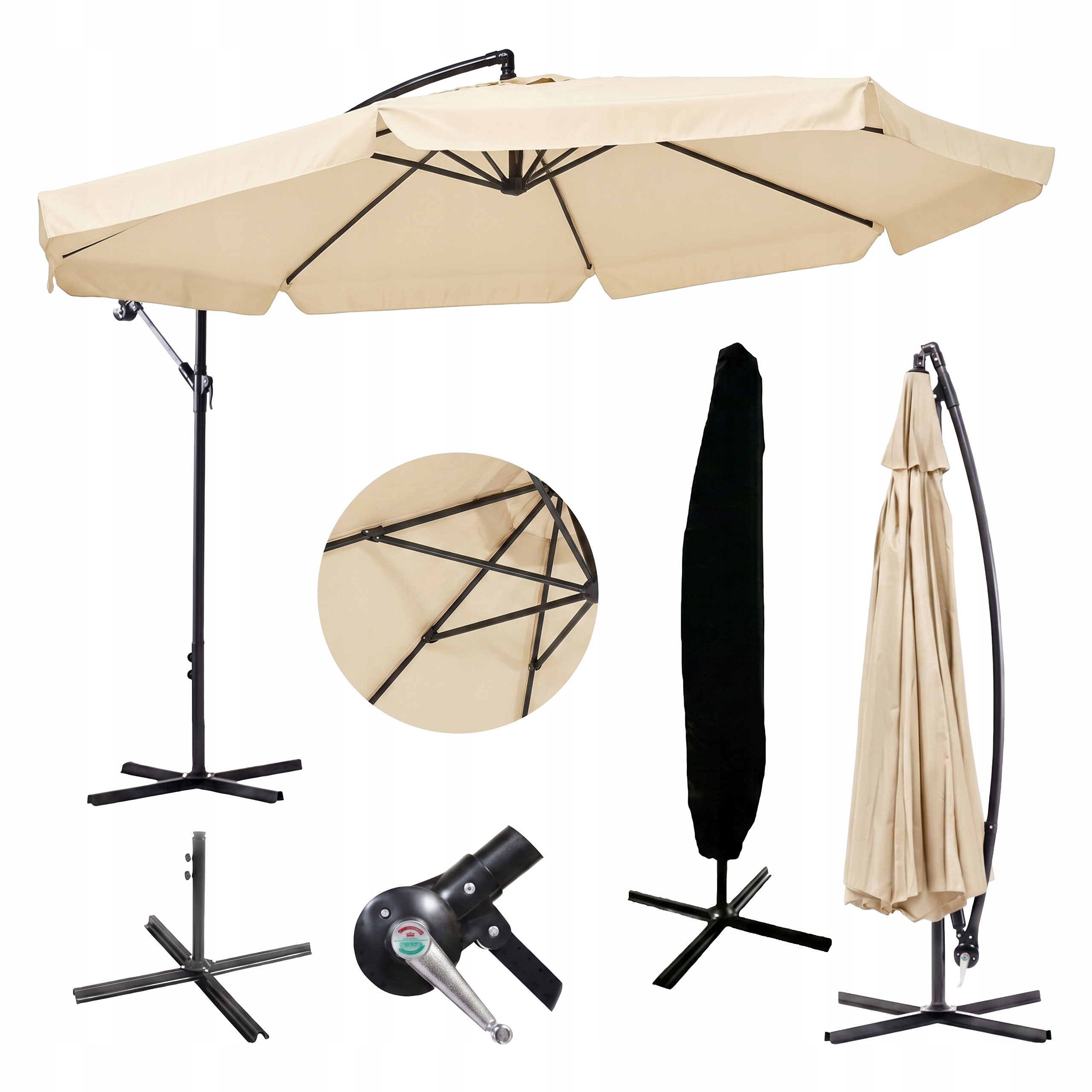 Parasol Ogrodowy Ø350 CM Duży Składany Z Wysięgnikiem Falbaną Pokrowiec