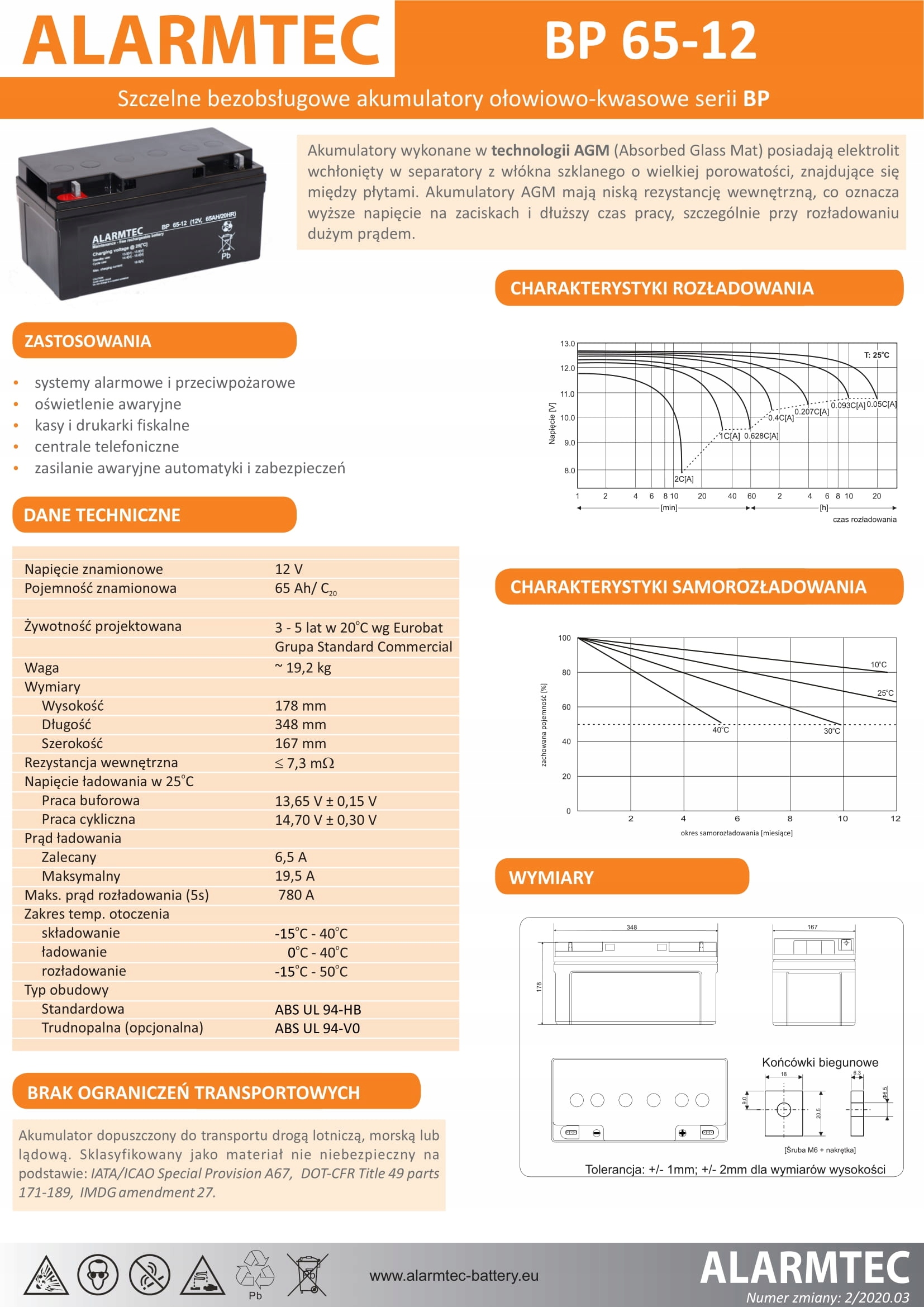 Akumulator ALARMTEC 12V 65Ah BP 65-12 - AGM do UPS kas drukarek alarmów Marka Alarmtec