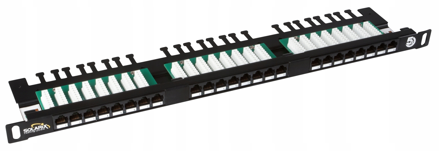 Patch panel 19" Solarix 24x RJ45 Cat 5E Utp čierny