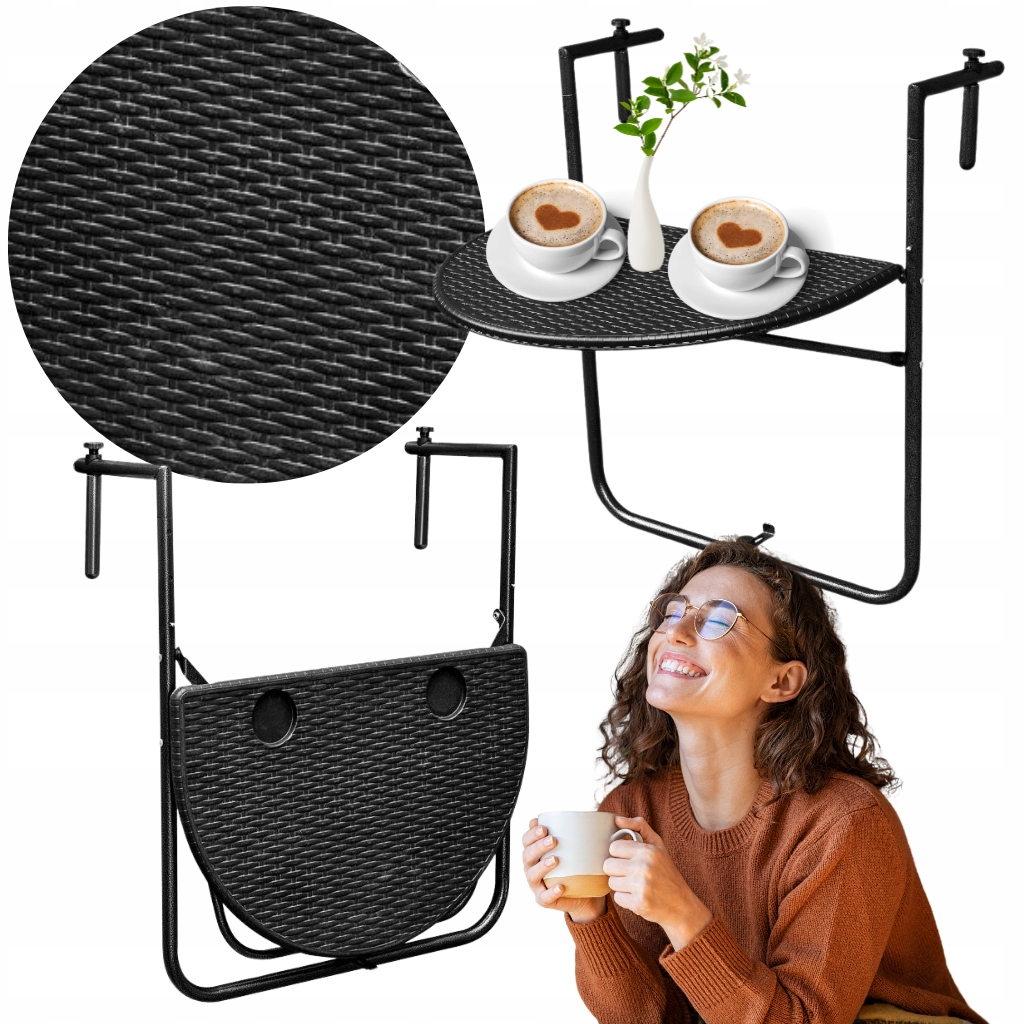 Stolik Kawowy na Balkon Taras Składany Zawieszany Mały 64x60cm Czarny