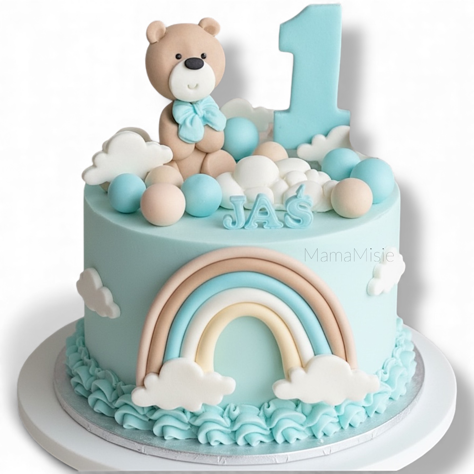 Zestaw brązowy miś z masy cukrowej na tort dla chłopca figurka z tęczą