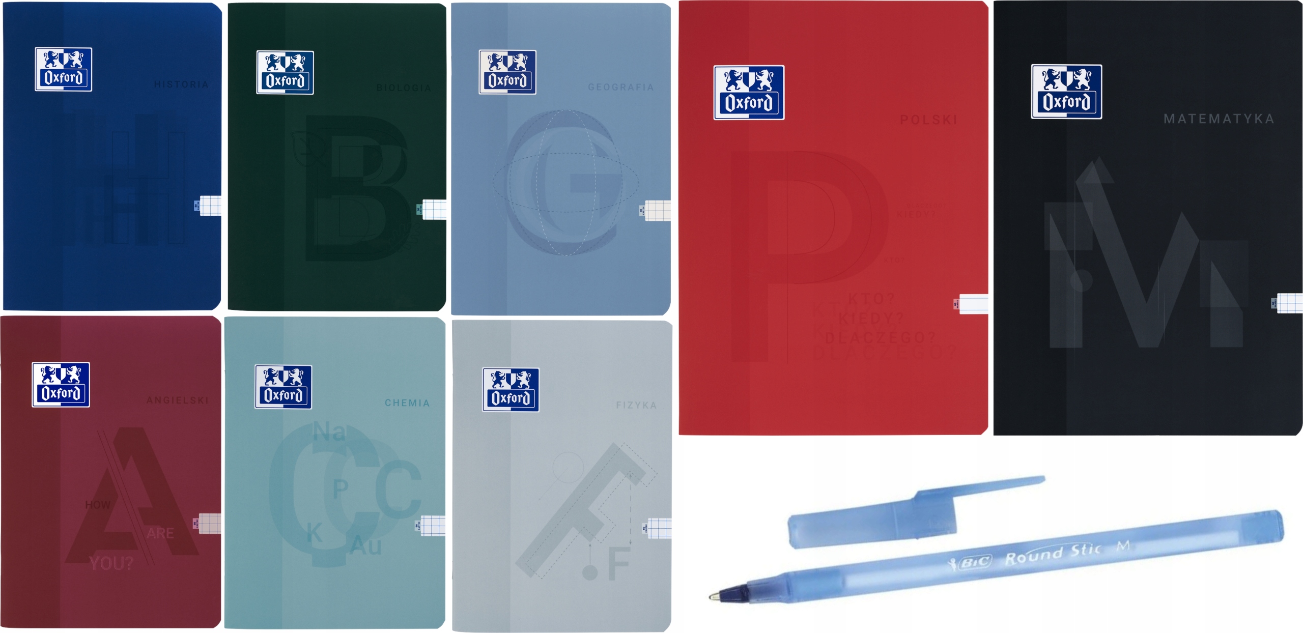 Zeszyt Oxford Przedmioty 60k Zestaw 8szt. A4 i A5 Bic Długopis
