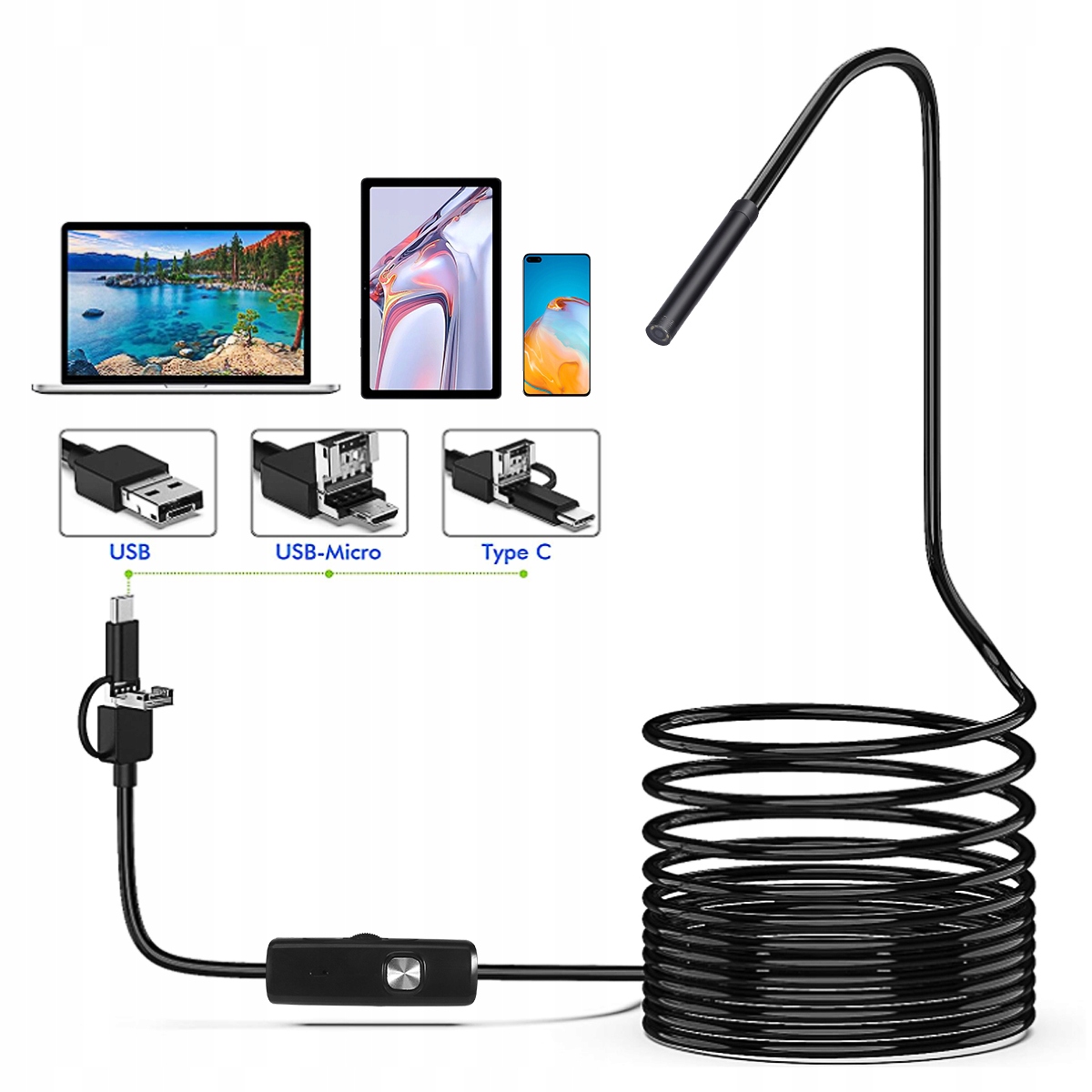KAMERA INSPEKCYJNA ENDOSKOPOWA ANDROID TELEFON PC USB 3w1 10M EAN (GTIN) 0191491963995