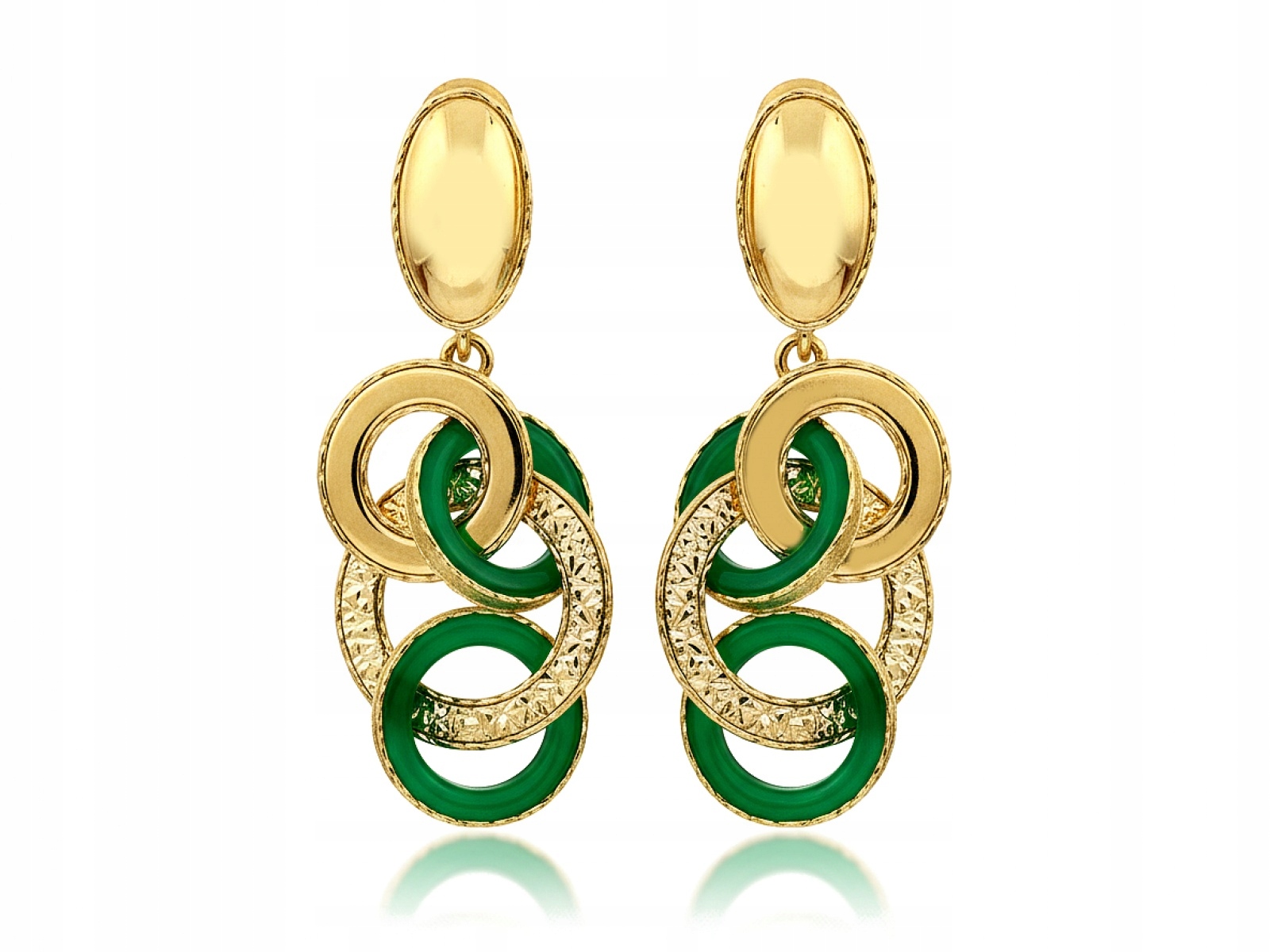 Náušnice Ze Zlata dlouhé 585 velké obruče se zeleným smaltem jako dárek