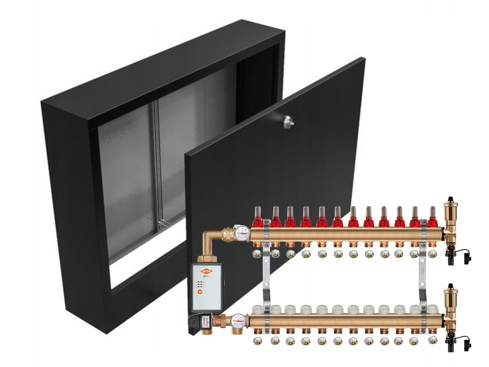 Mosazný Rozdělovač Podlahovky 12+ČERPADLO Vítá+nástěnná Skříňka Černá+pex