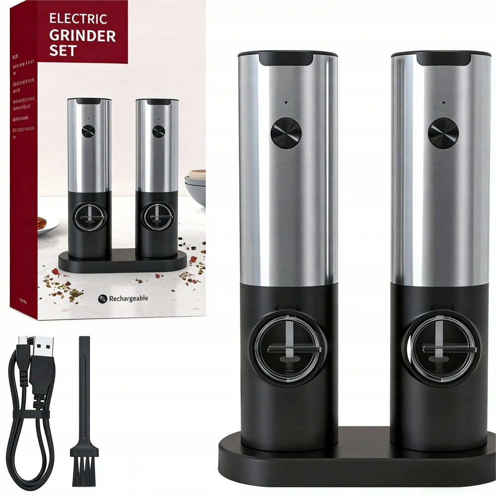 Młynek Elektryczny Do Soli Pieprzu Czarny Akumulator Z Usb Zestaw 2 Sztuki