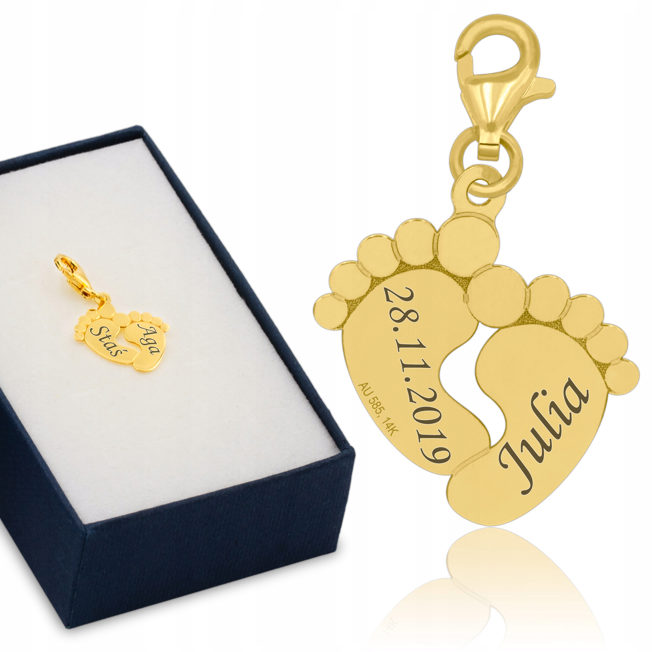 

Złota zawieszka pr. 585 Charms Stópki z Grawerem