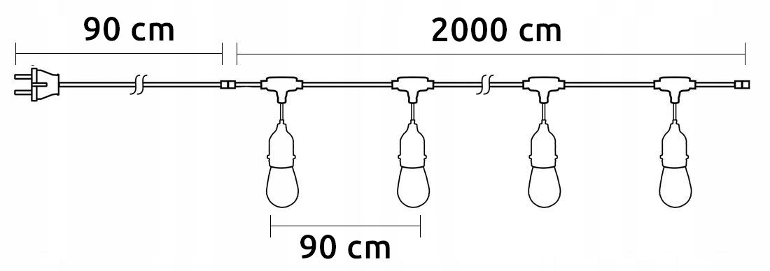 Girlanda ogrodowa Zewnętrzna Łańcuch Świetlny 20m + 20x żarówka LED E27 L Odległość między żarówkami 90 cm