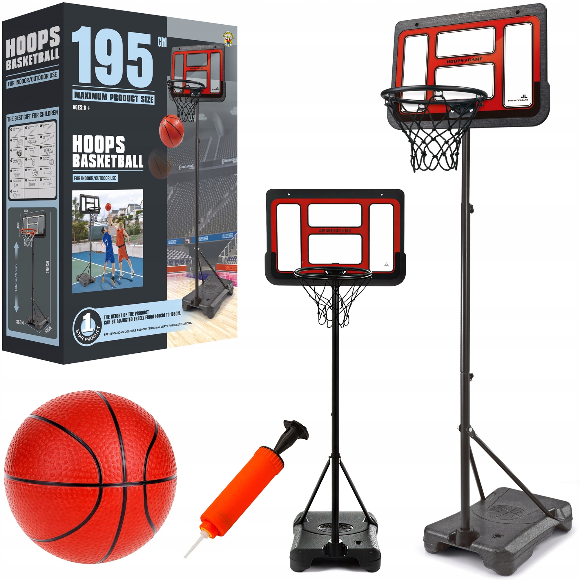 Tablica Kosz Zestaw Do Gry W Koszykówkę Duża Koszykówka 195CM Piłka Pompka