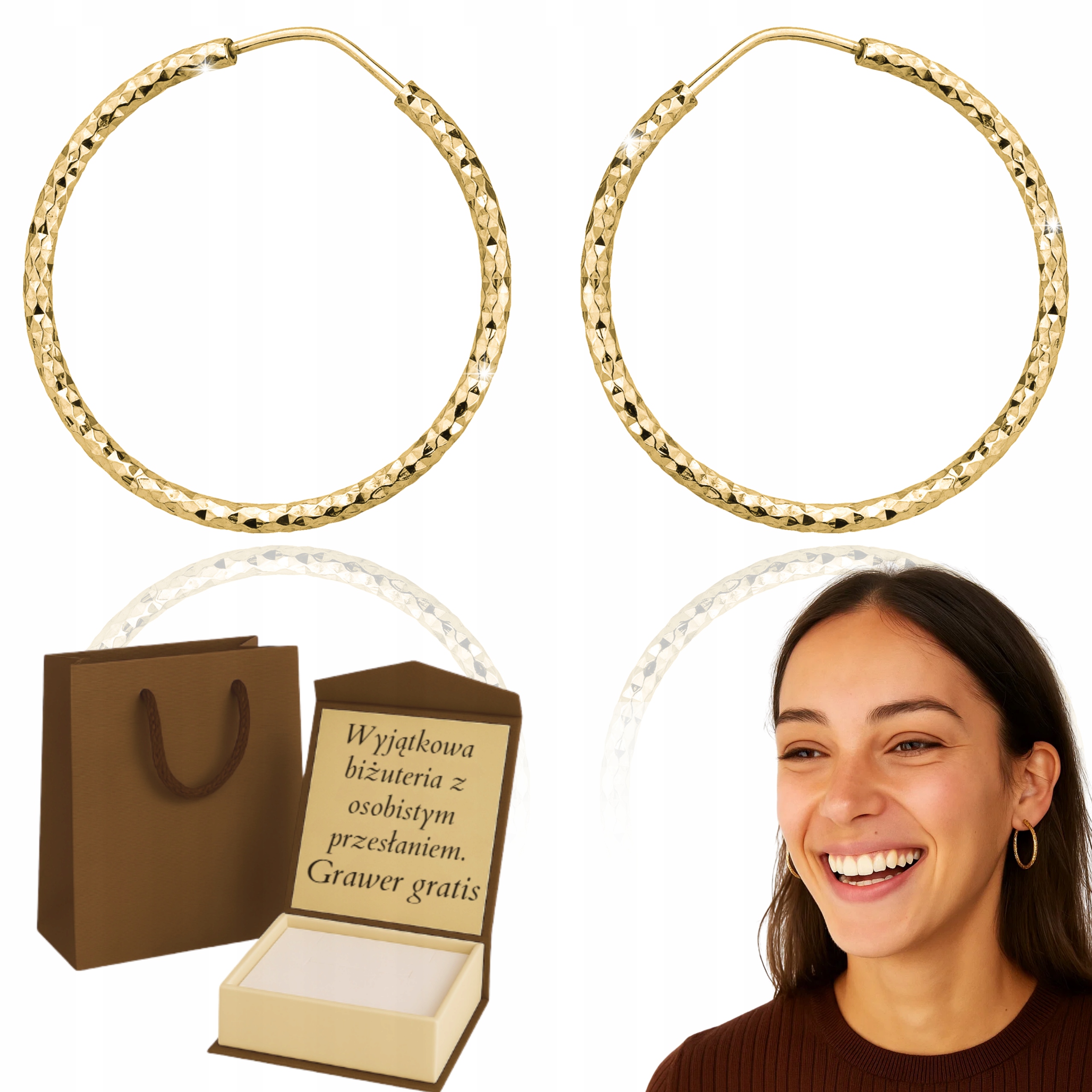 zlaté Náušnice Dámské Kulaté Diamantové 2,7 CM Kruhy Pr 925/ 585 Gravírování