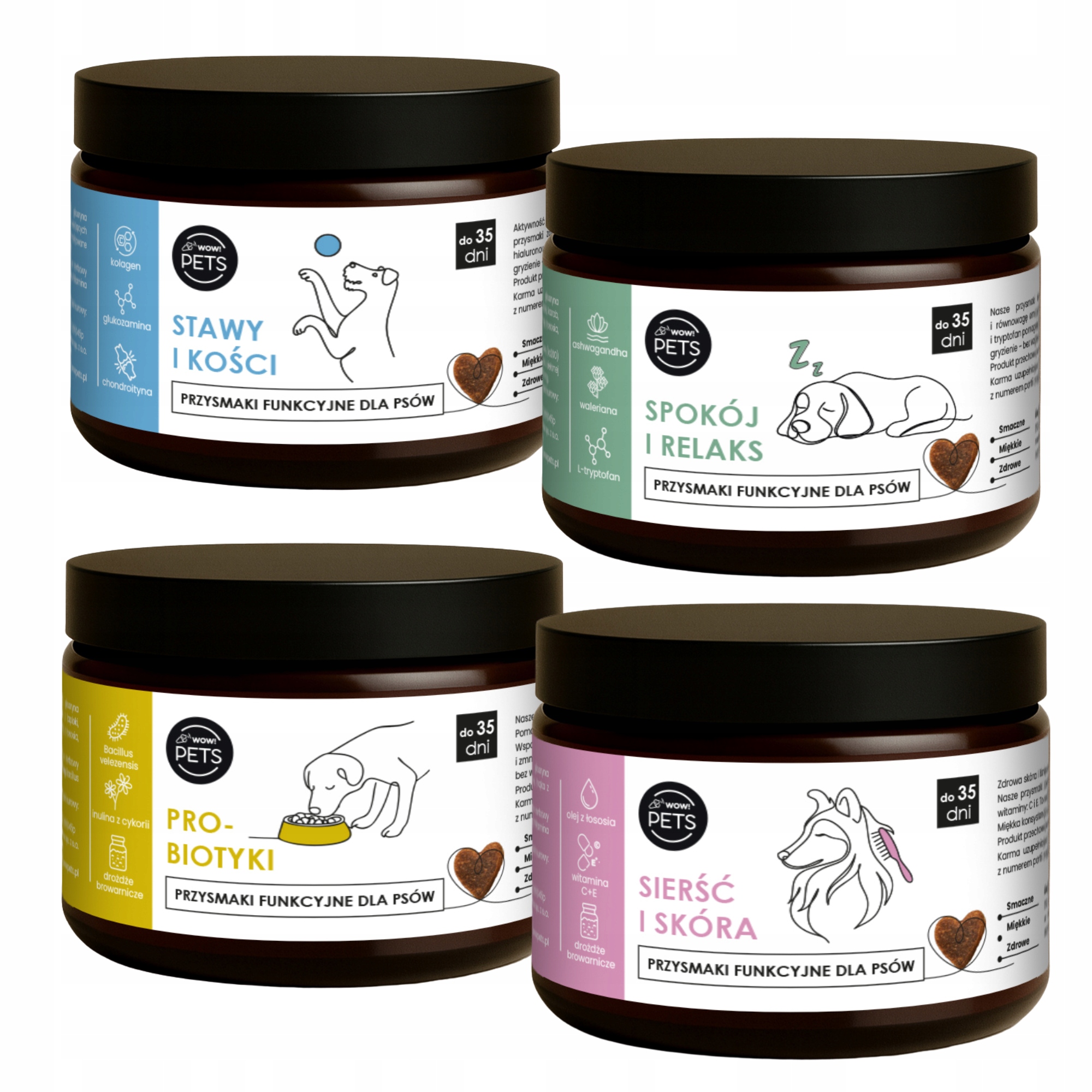 Suplementy dla psa zestaw na stawy sierść wyciszenie probiotyki 4x100g