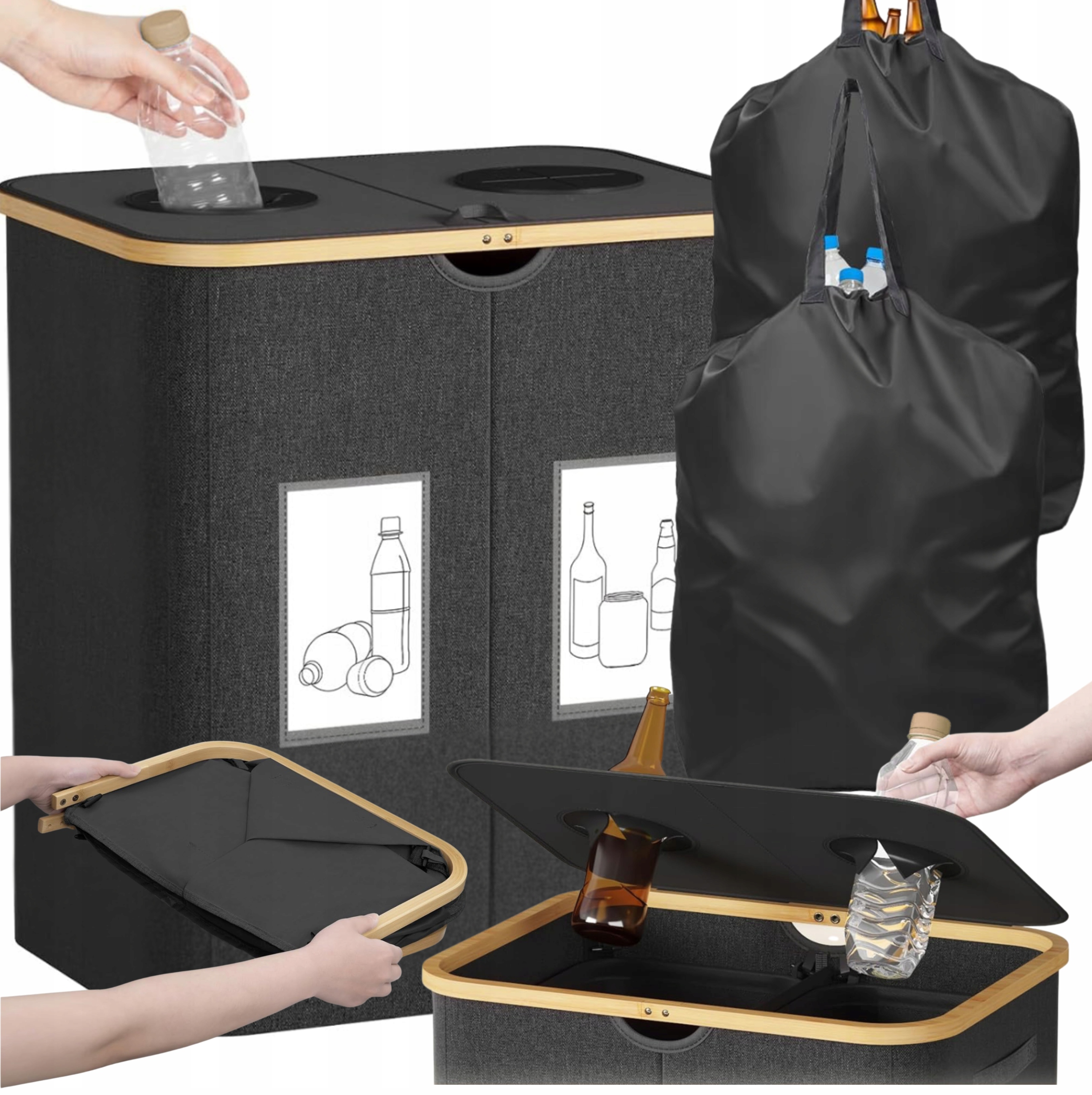 Skládací Koš 120L 2 Komory Sklo Plechovky Plastové Lahve 2 Sáčky 120L