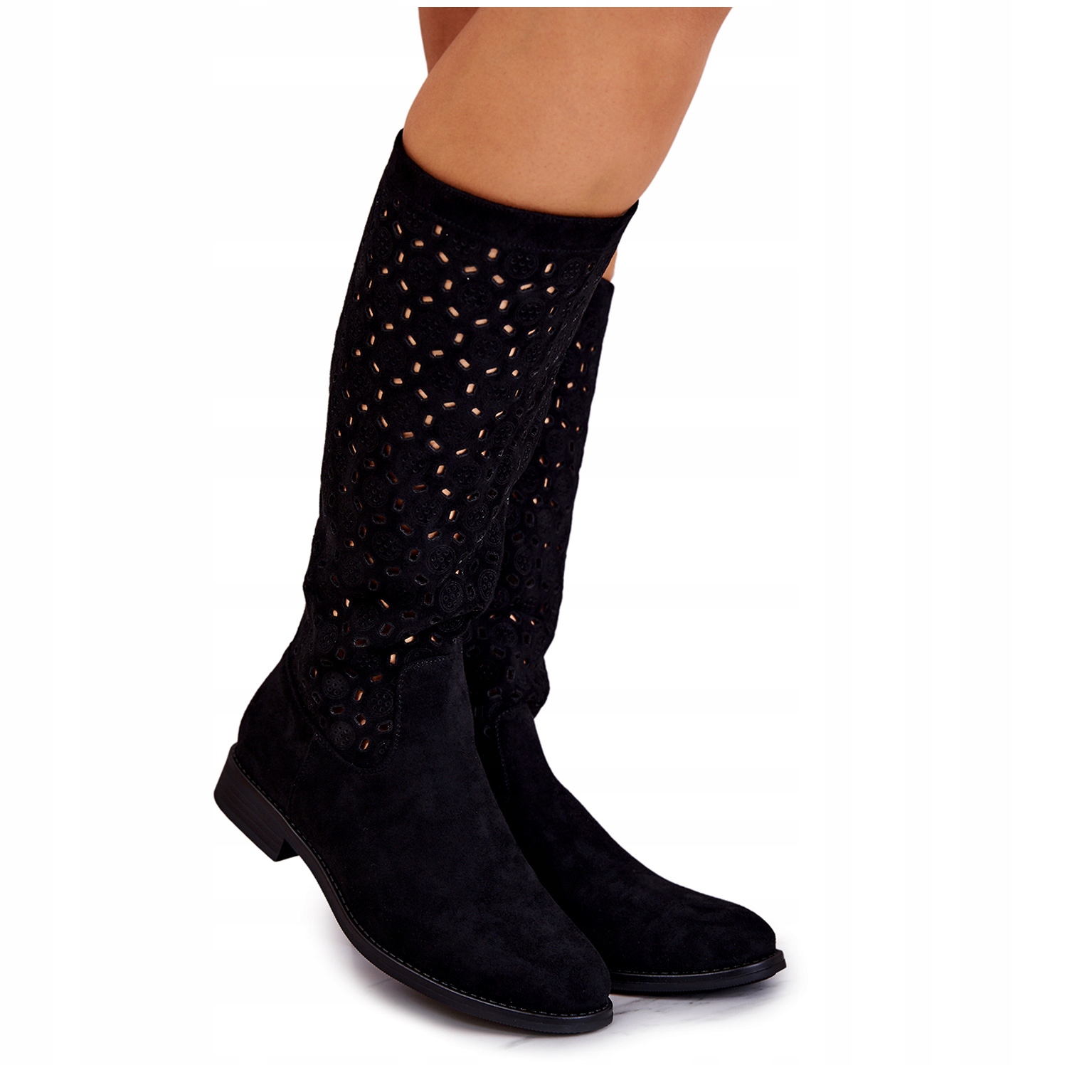 

Zamszowe Kozaki Z Ażurowym Wzorem Czarne 37