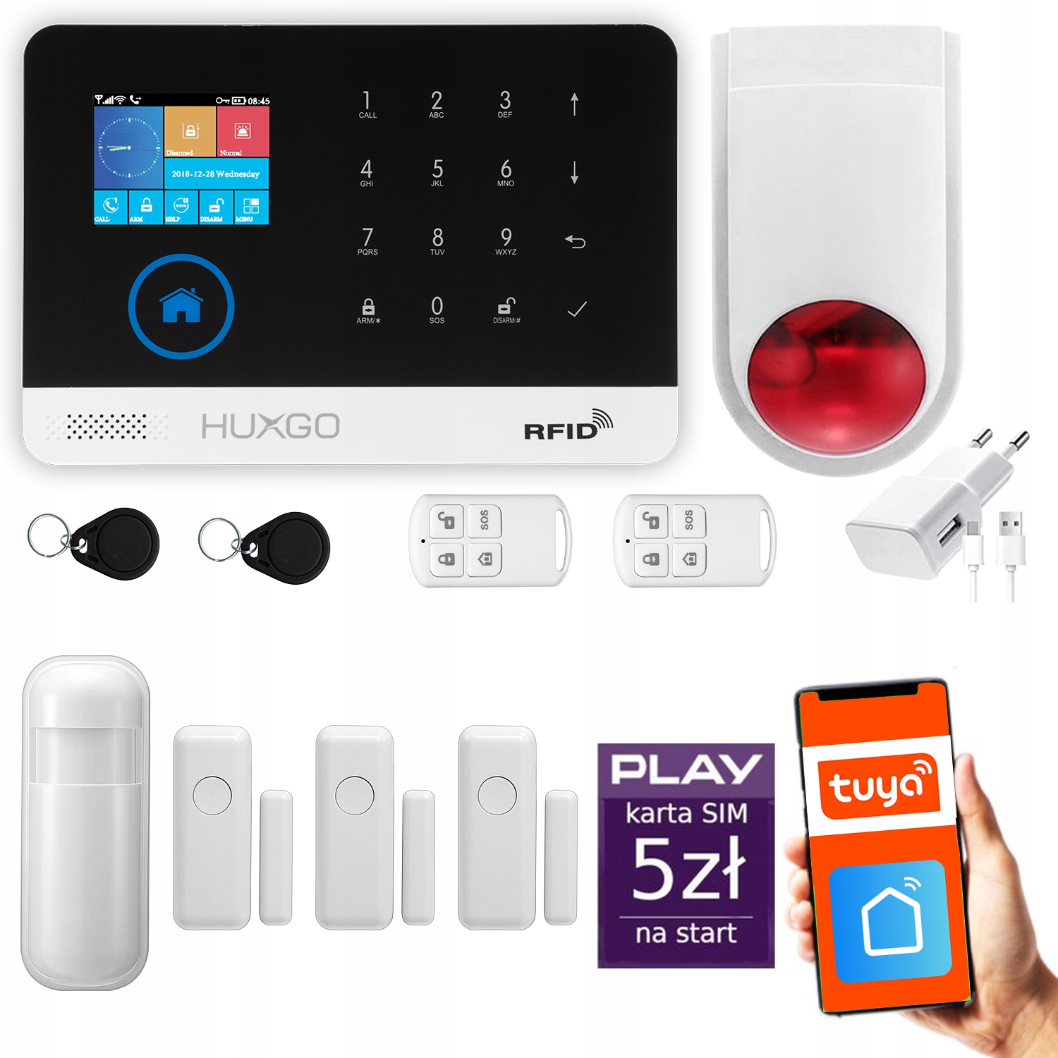 Alarm bezprzewodowy GSM + WiFi z aplikacją TUYA , zestaw , HUXGO HXA003