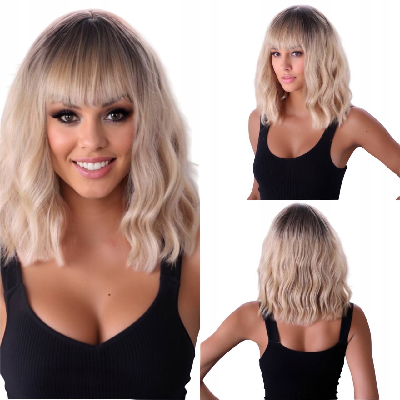 Peruka Damska Blond Ombre Falowane z Grzywką Włosy Jak Naturalne czepek