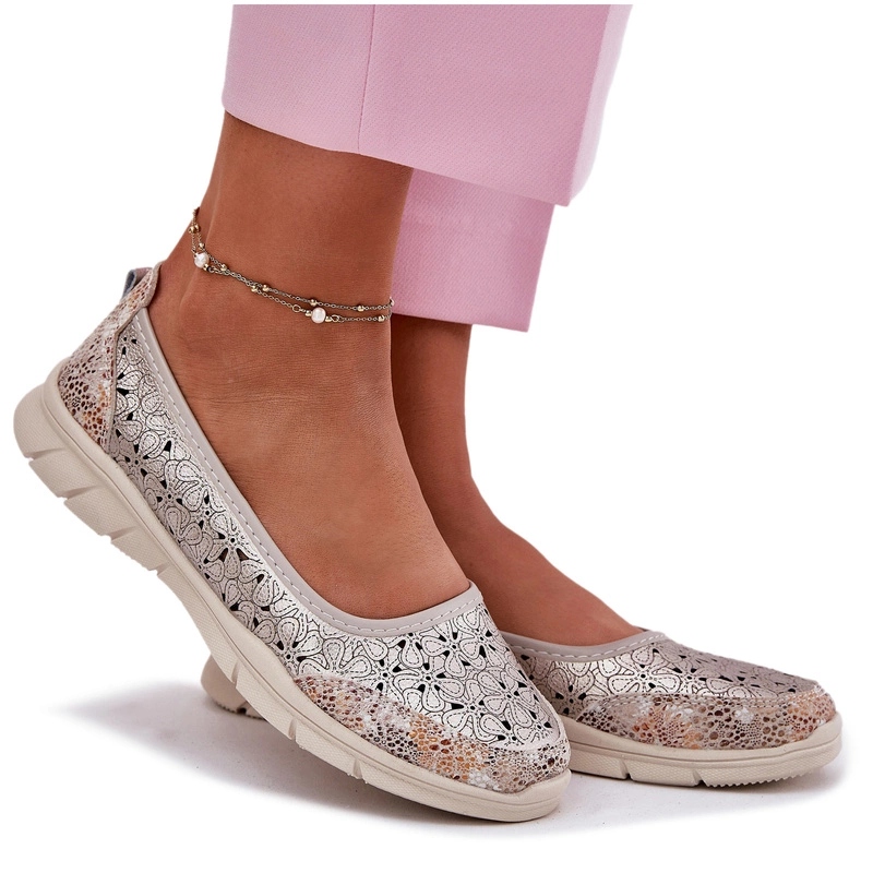 Baleríny Z Přírodní Kůže, Ažurový Vzor, Lehké A Pohodlné, Zlaté 37