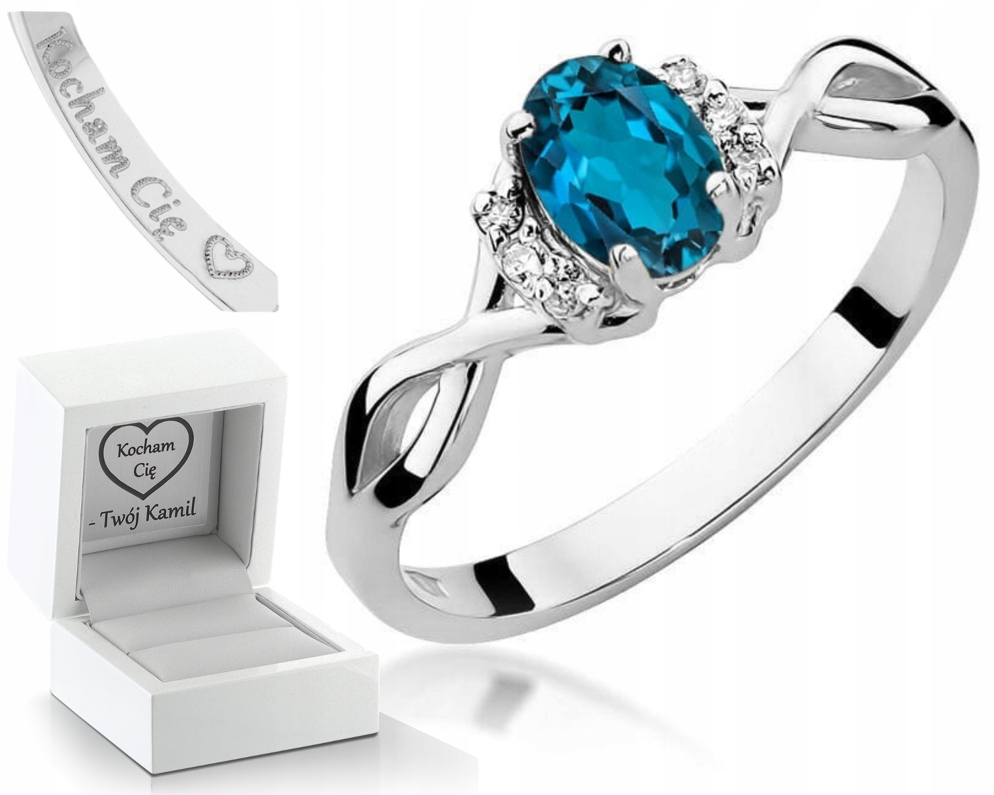 Bílé Zlato Prstýnek Topaz London Blue Diamanty
