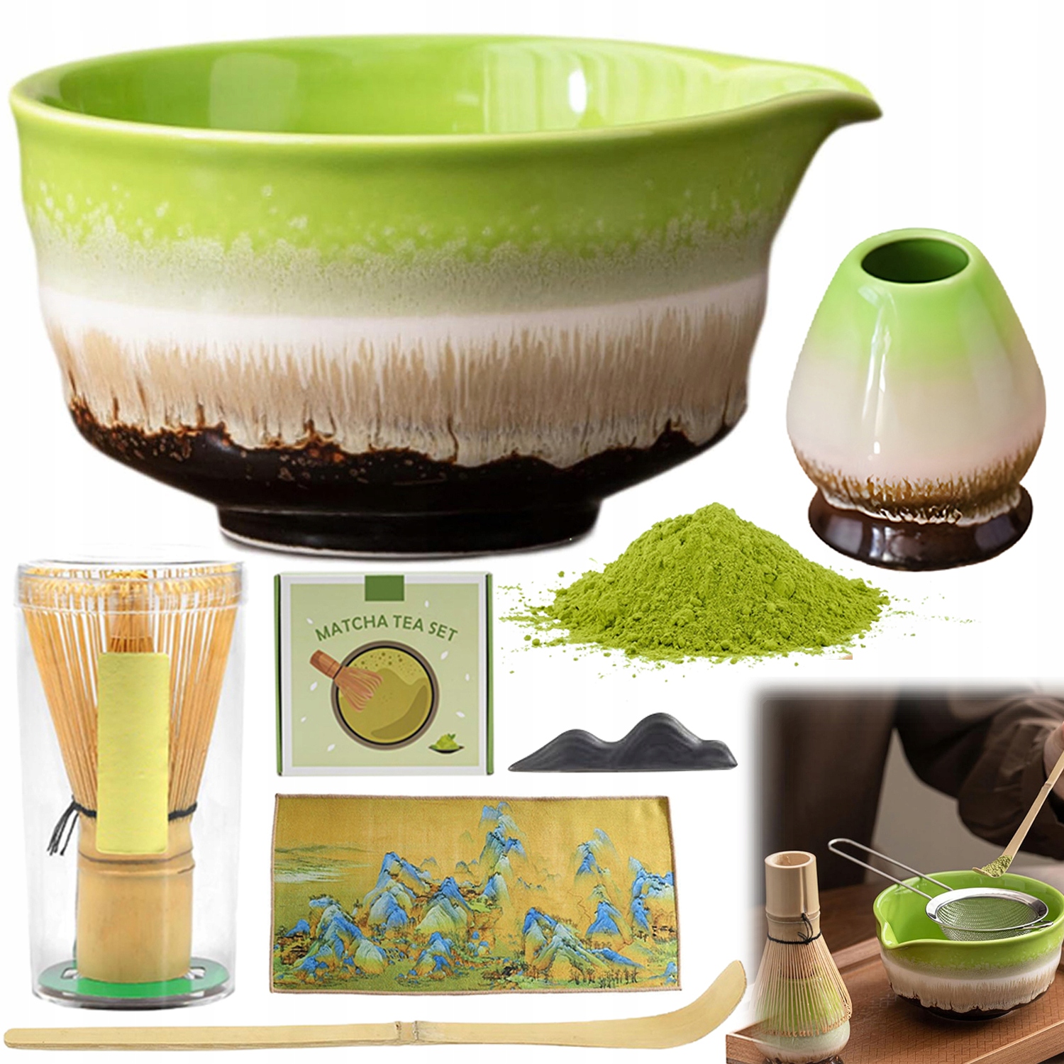 Sada na matchu Keramická bambusová mísa s metličkou, ideální jako Dárek