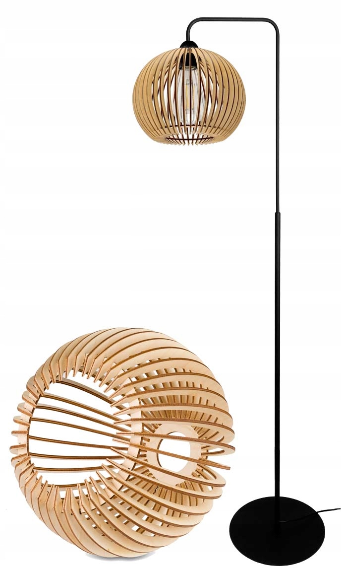 Stojací lampa loftová na led E27, pevná, ohnutá, se stínidlem, dřevo, 150 cm