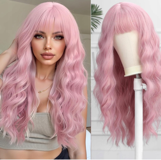 Paruka dlouhá vlnitá růžová pastelová s ofinou přírodní 60 cm