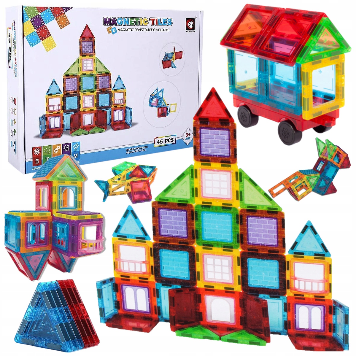 KOLOROWE Klocki Magnetyczne KONSTRUKCYJNE 3D XXL MAGNETIC TILES 45 Eelem. Marka Stator