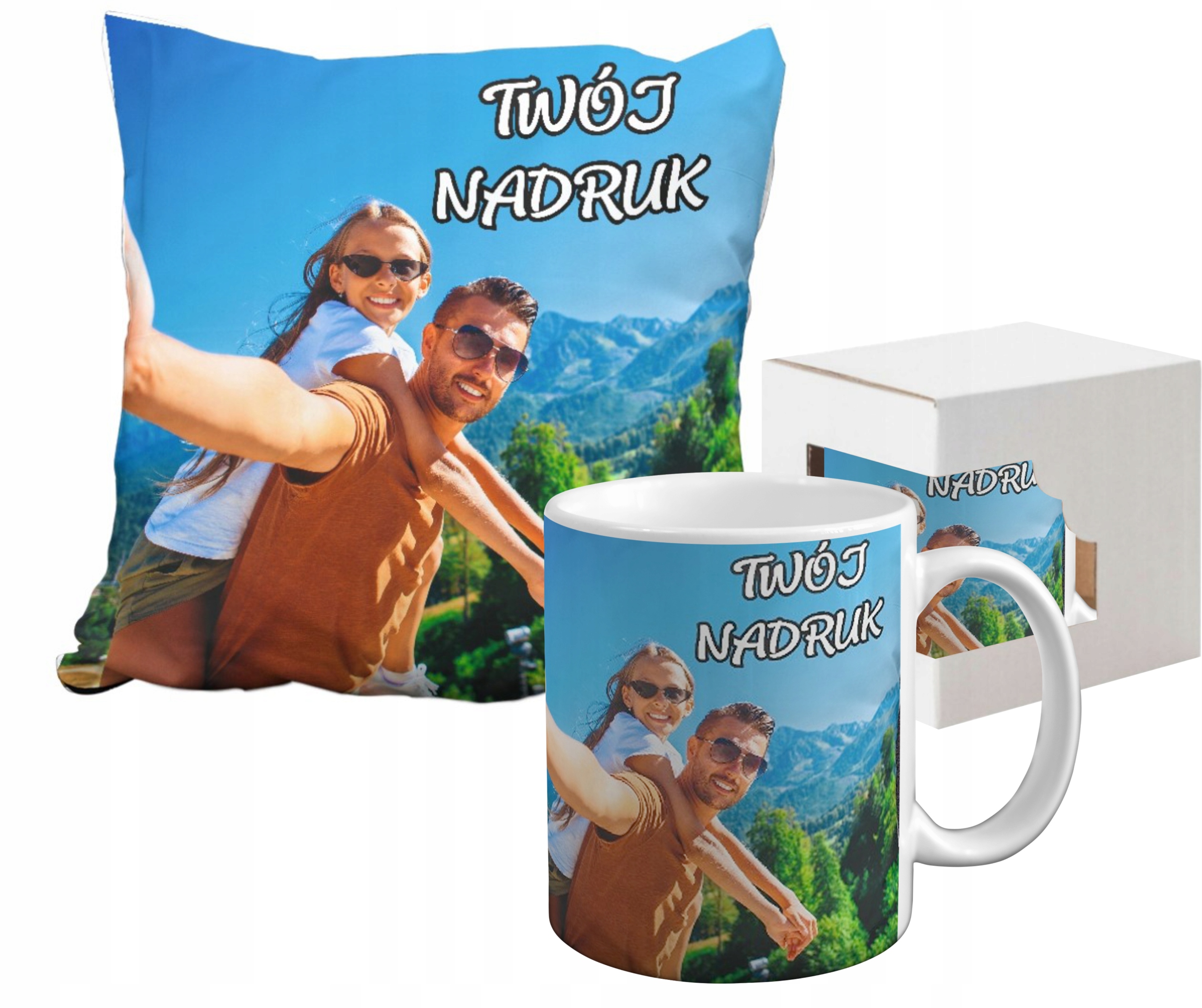 ZESTAW FOTO KUBEK PODUSZKA Z WŁASNYM ZDJĘCIEM NADRUKIEM TEKSTEM PREZENT