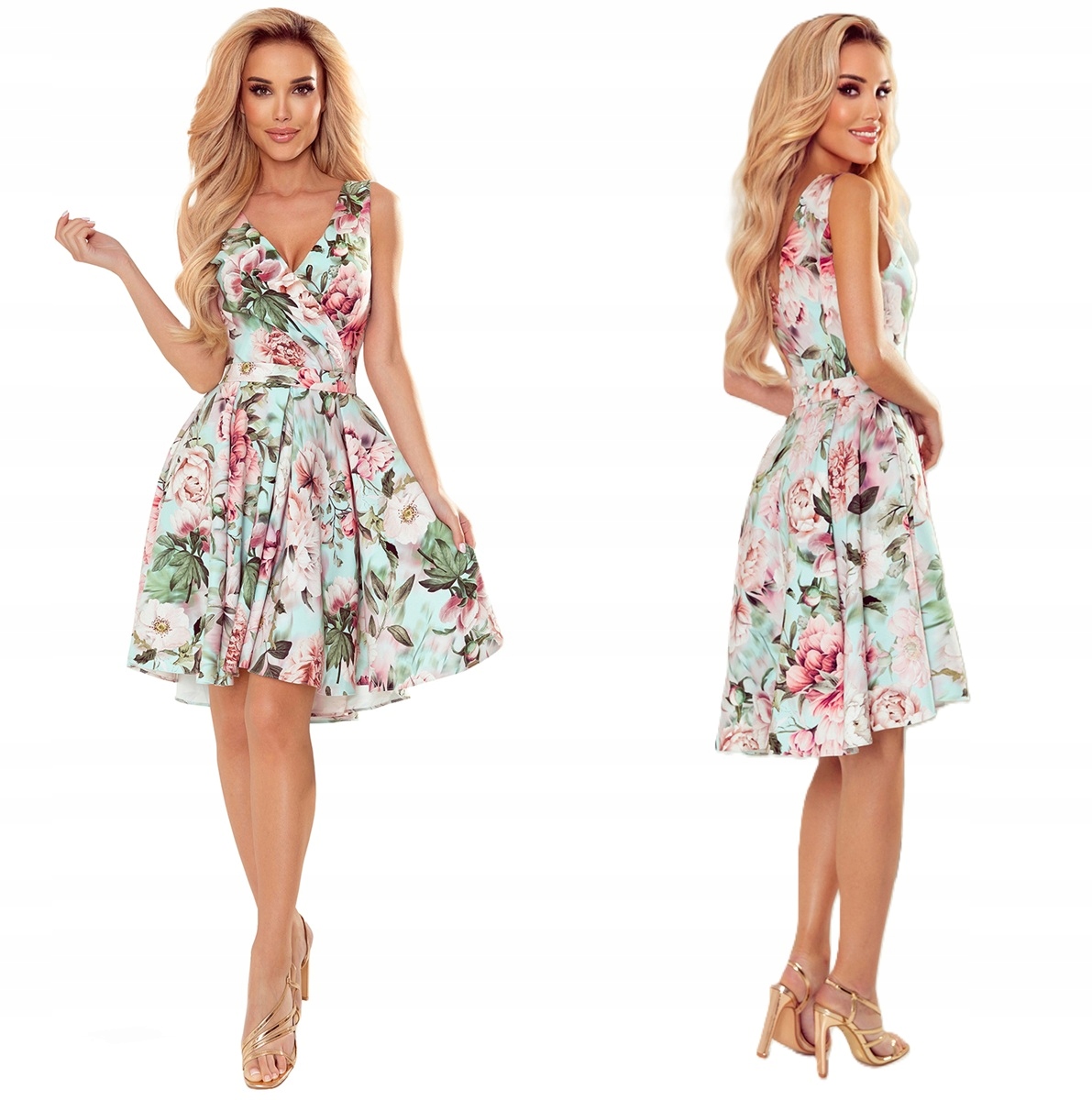 Stylová Asymetrická Šaty Profilovaná Páskem S Růžovými Květy L