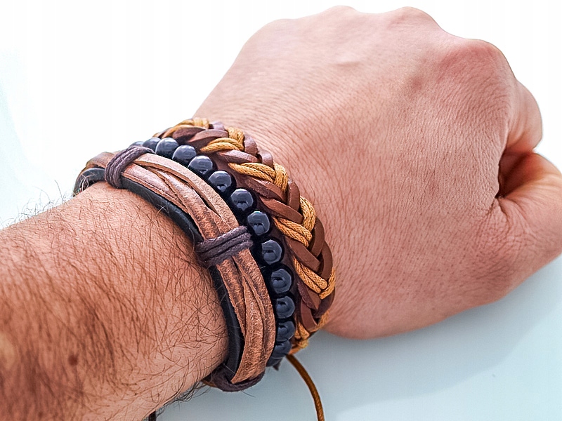 

Komplet Bransoletek, Skórzany Rzemień+sznurek Len