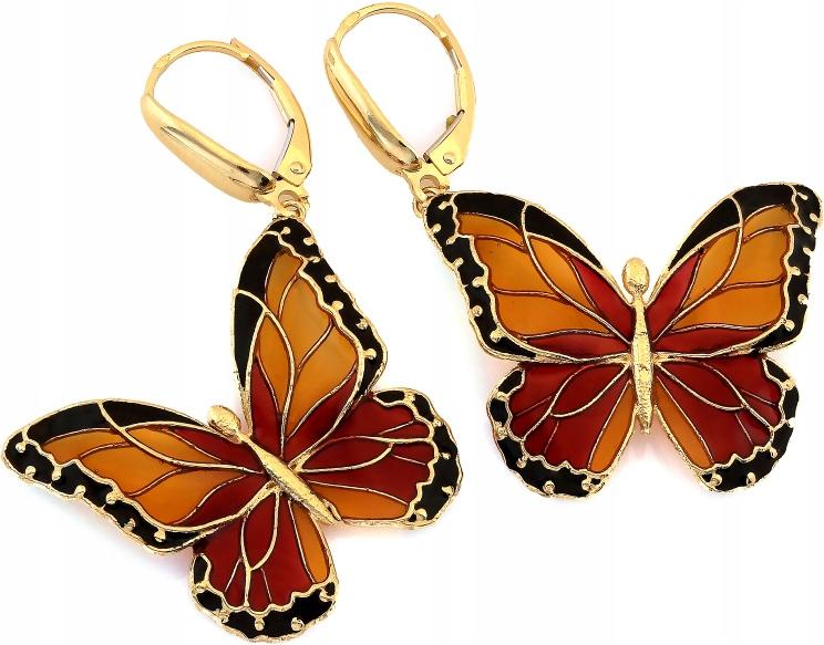 Zlaté náušnice 585 velké závěsné smaltované motýli anglický bigiel 14K