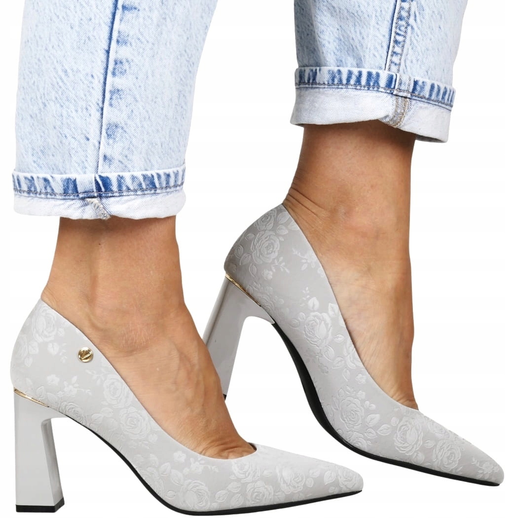 iButy Lodičky Na Podpatku Elegantní Podpatek Šedé Lisované Květiny Módní Top