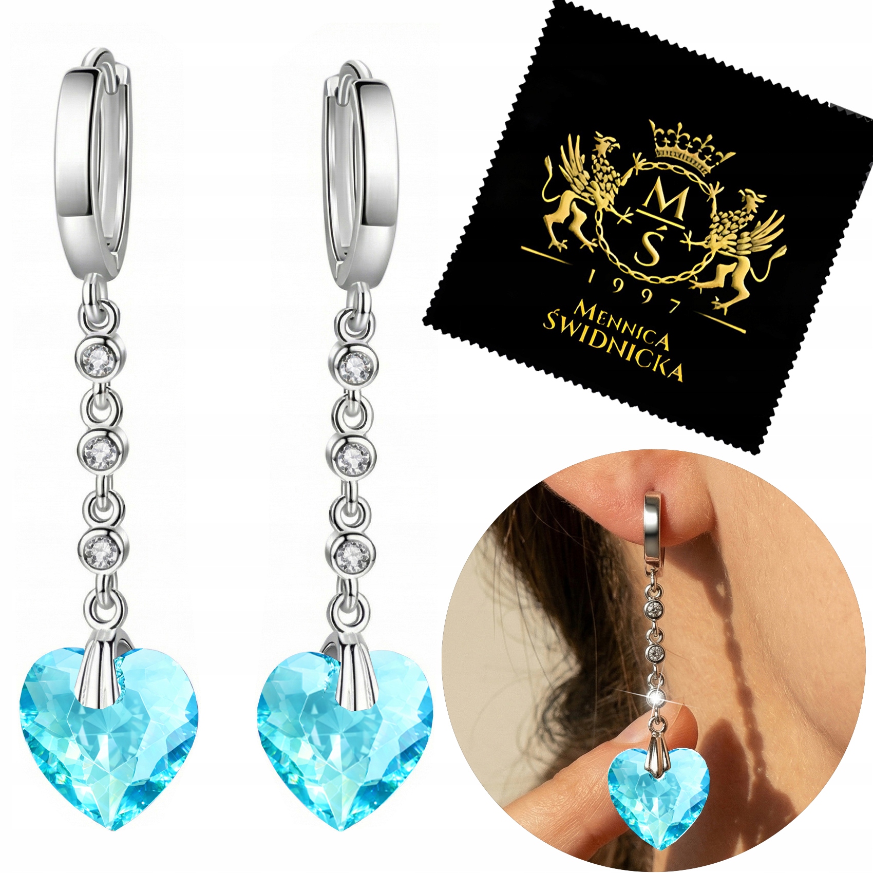 Dlouhé Náušnice Stříbro 925 Dámské Srdce Závěsné Zirkony Anglické srdce