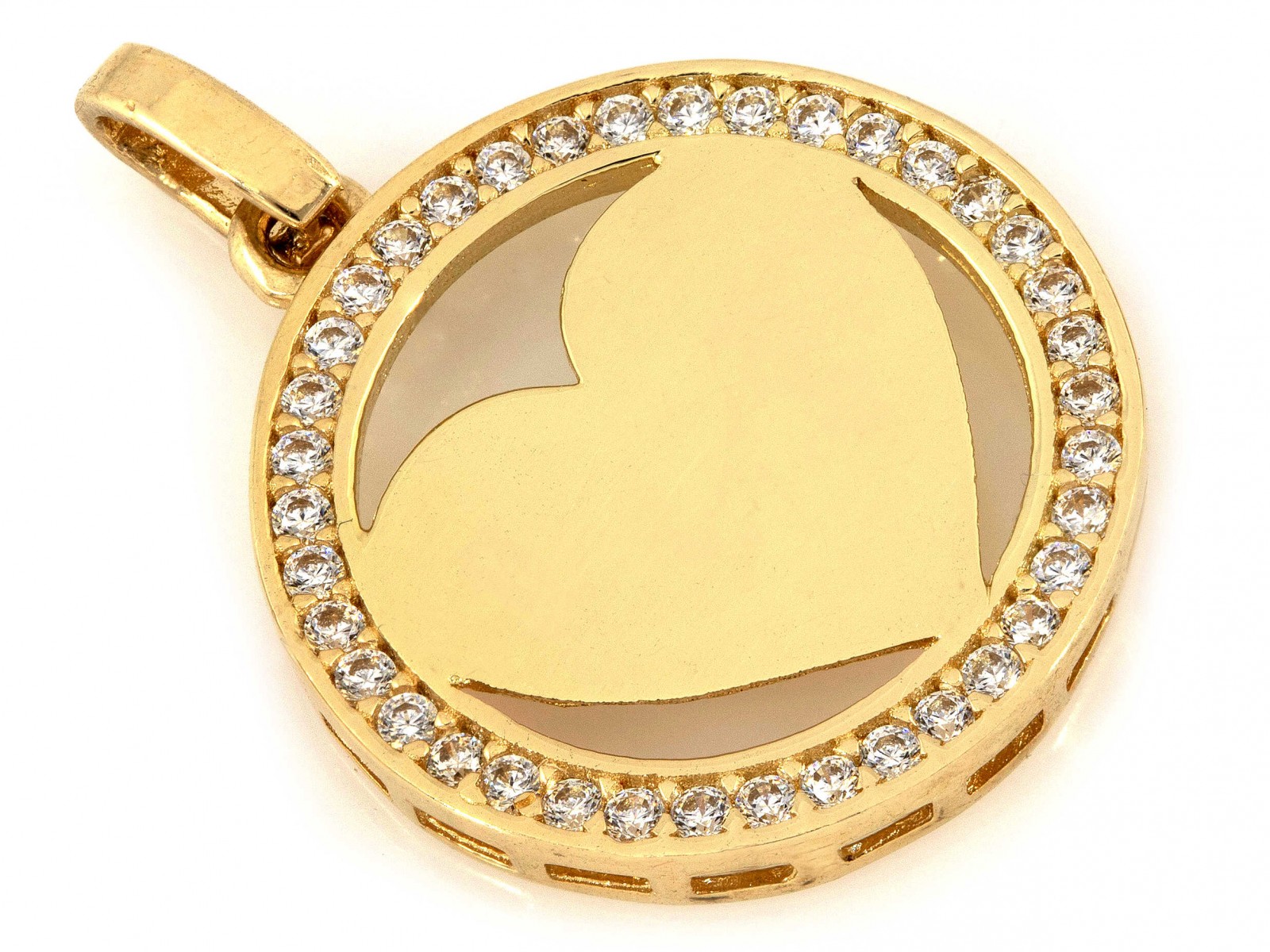 Zlatý přívěsek 585 kulatý s kroužkem srdce s bílými zirkony