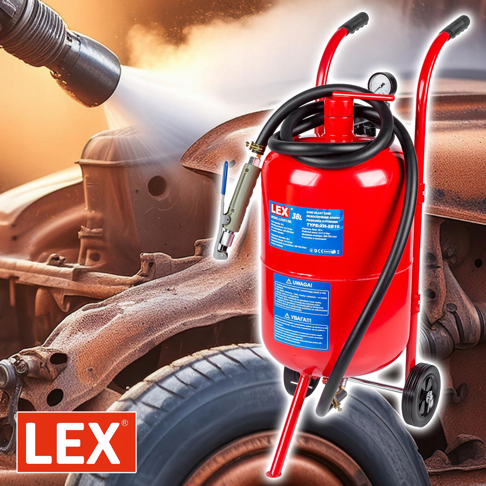 Piaskarka syfonowa MOBILNA 38L pistolet dysze maska ZESTAW DO PIASKOWANIA Kod producenta 1022