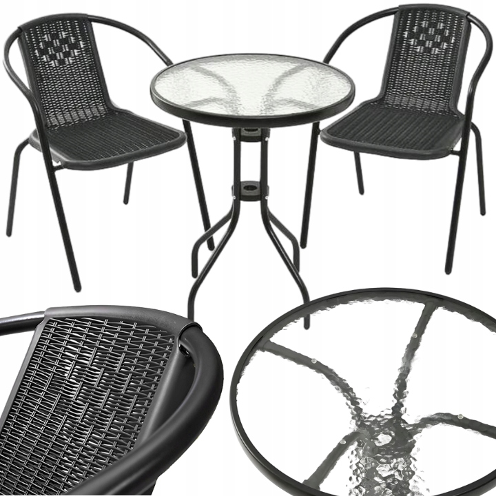 ZESTAW MEBLI OGRODOWYCH STOLIK OKRĄGŁY HARTOWANY KRZESŁA OGRODOWE NA BALKON