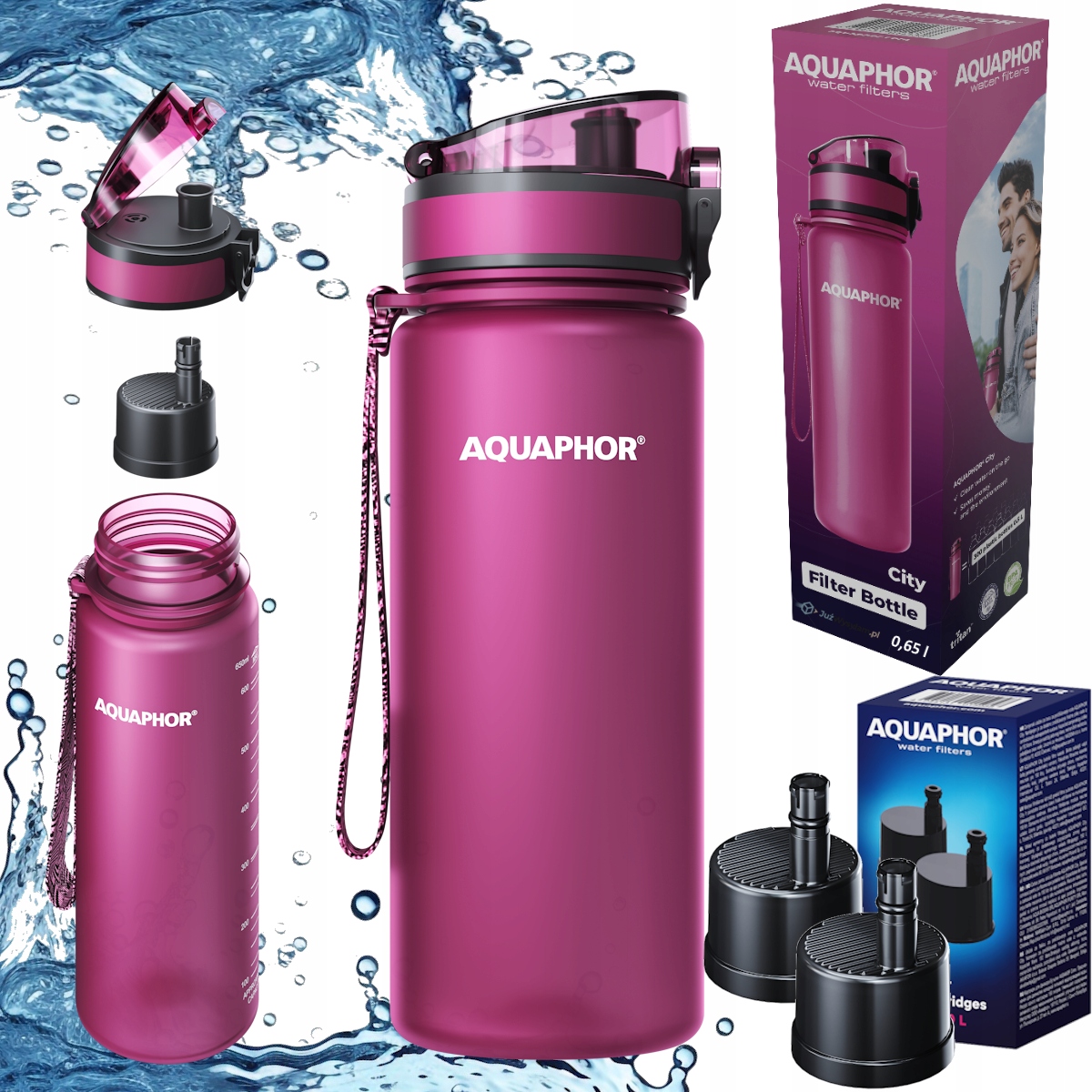 Bordó láhev na filtrování vody v sadě se 3 filtry Aquaphor City 0,65 l