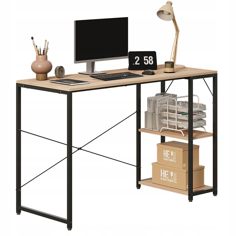 BIURKO KOMPUTEROWE STOLIK LOFT JASNY BRĄZ NOWOCZESNE Z PÓŁKAMI INDUSTRIALNE