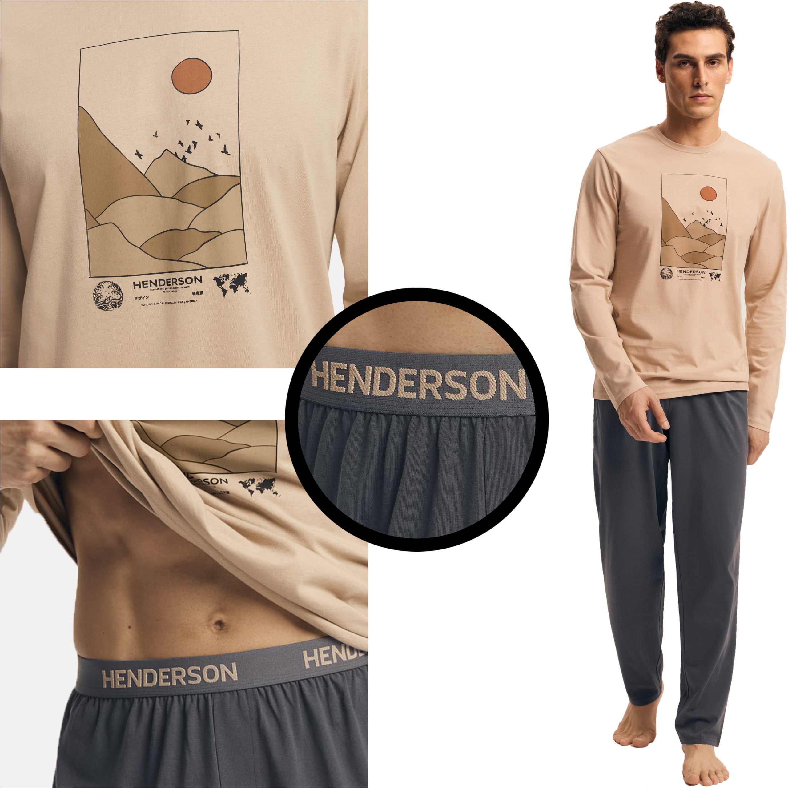 Henderson pánské pyžamo s dlouhou vnější gumou v kalhotách jz25 béžová 3XL