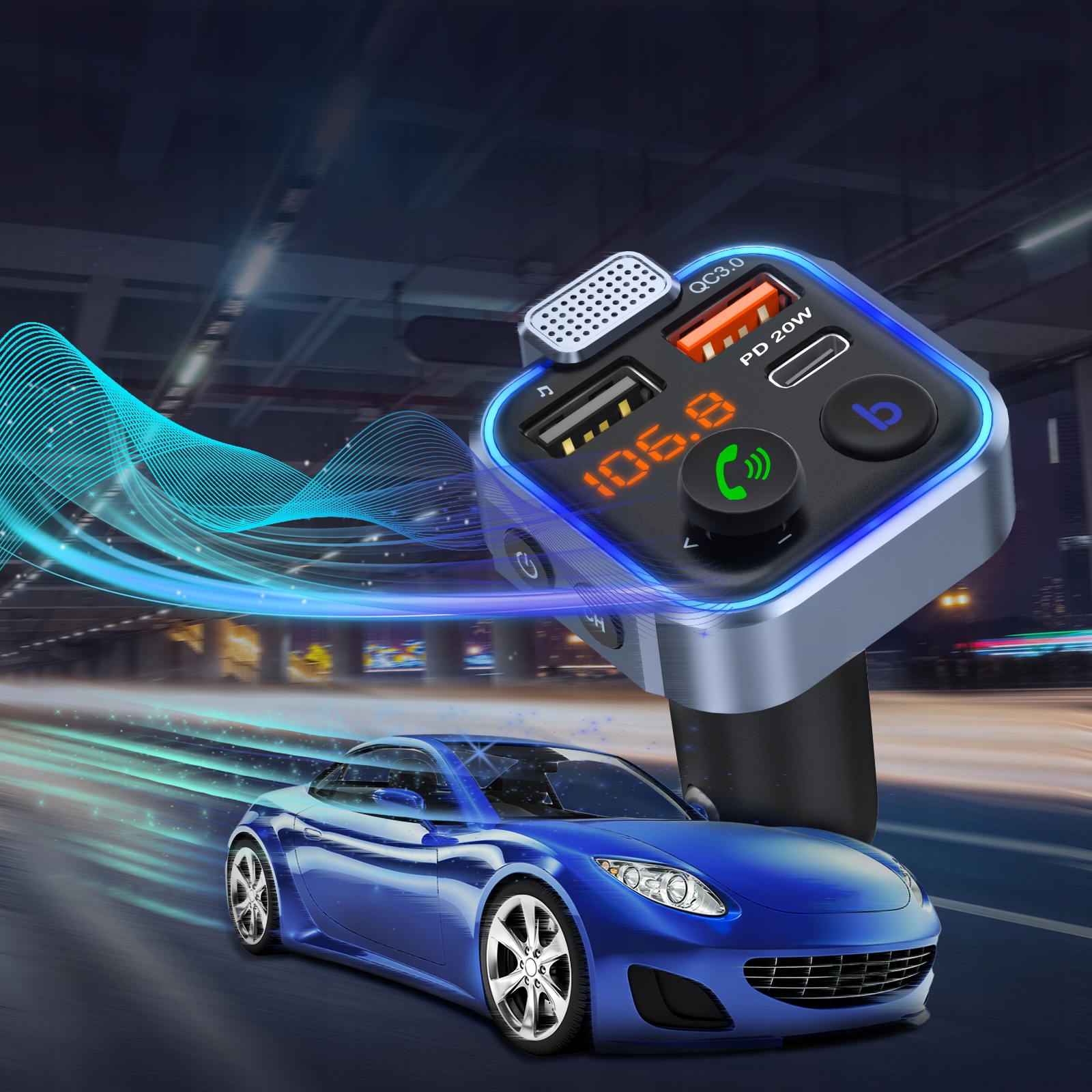 TRANSMITER BLUETOOTH AUDIO FM MP3 BT SZYBKA ŁADOWARKA 3X USB QC 3.0 RGB Model 74-166# USB C PD 20W