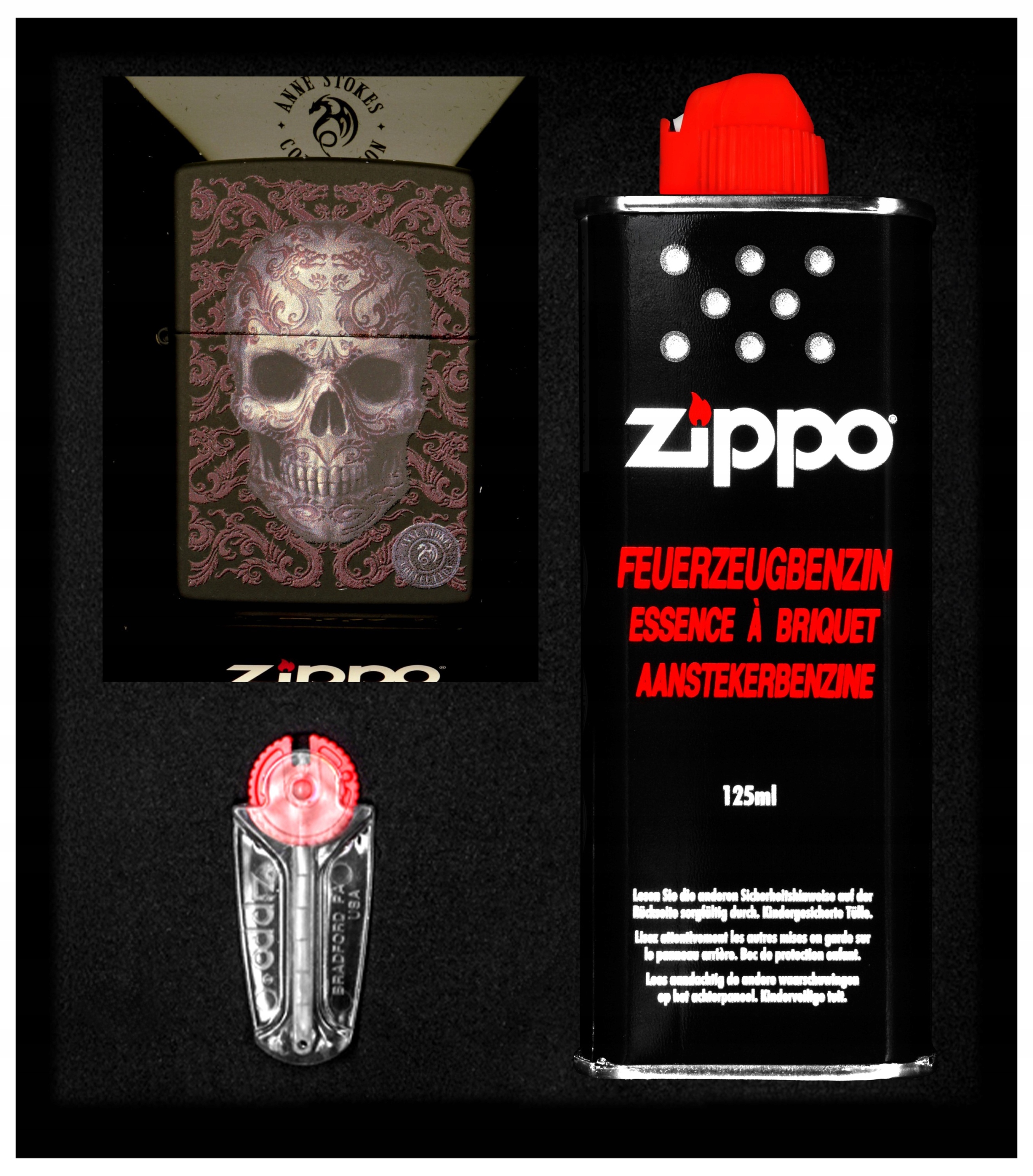 Sada Zippo Zapalovač Anne Stokes Skull High Polish Black 1 Dárková N