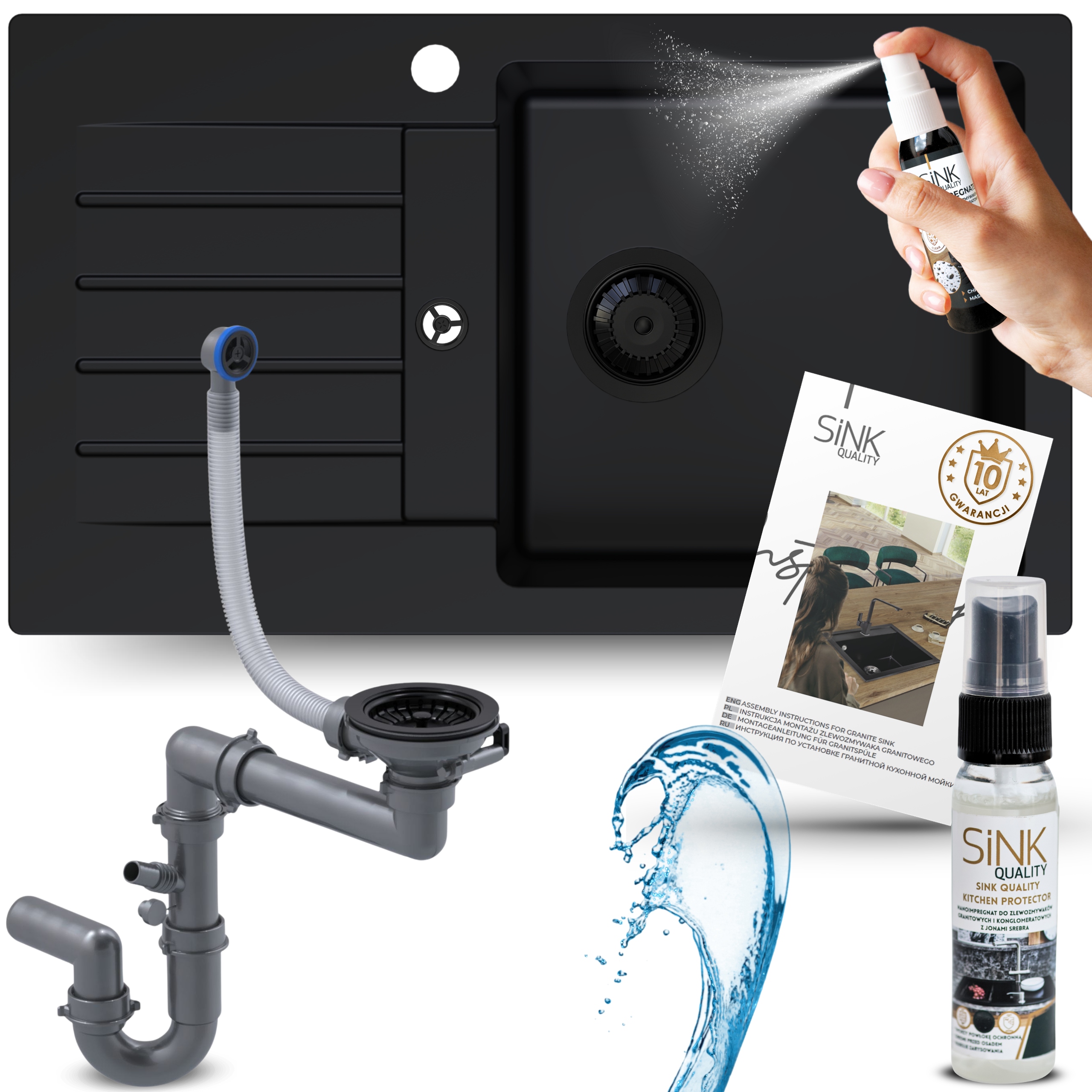 Dřez Granitový dřez Černý Jednokomorový S Odkapávačem sifon