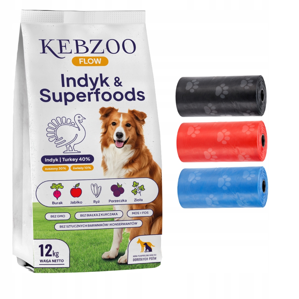 Krmivo pro psy Kebzoo krůta&Superpotraviny 12 kg Sáčky Bonus